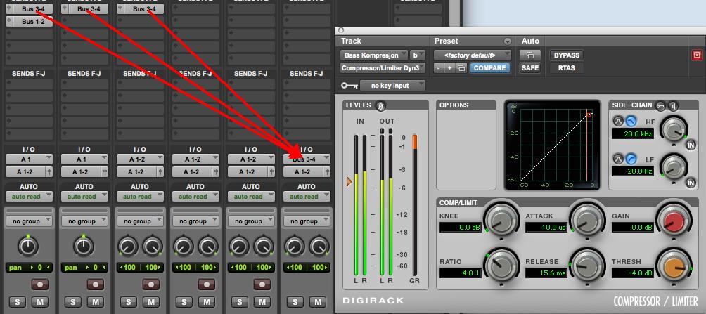 Fig. 11.: Bussing and compression in Pro Tools. Bussing and compression in Pro Tools There was a clear contrast in the tracks with the DPA 4021 and the AKG 414/Neumann U87s.