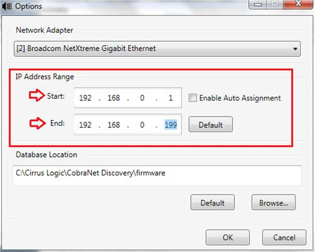Options Window - Enter in IP Address Range Once the changes have been made, you