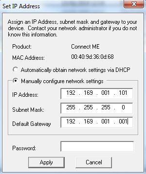 Web Browser control (continued) Clicking on the Configure IP Settings button will open up the option table as shown below.