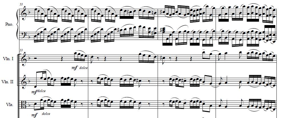 The melody continues for four measures, while the piano accompanies it, and the other instruments support with melodic bridges: On measure no.