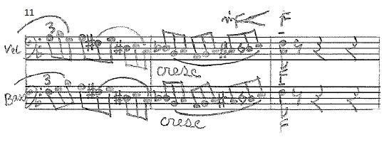 While the cellos and the double basses stop on measure 13, the first violins start their sequence supported by the piano, the second violins and the violas.