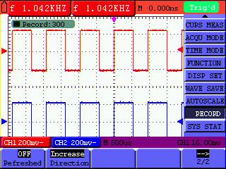 8-Advanced Function of Oscilloscope --> 2/2 Back to previous menu. Record the waveform as follows: 1. Press the MENU key and the function menu appears at the right of the screen. 2. Press the MENU or MENU key to select RECORD and five options are displayed at the bottom of the screen.