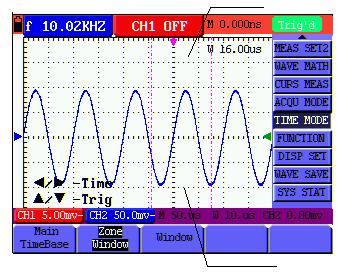 8-Advanced Function of Oscilloscope 1. Press MENU key, display the function menu on the right side of the screen. 2. Press MENU or MENU key to select TIME MODE, display three options at the bottom. 3.