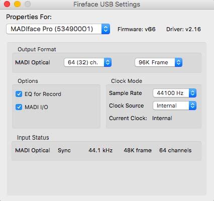 16. Configuring the MADIface Pro 16.1 Settings Dialog Configuring the MADIface Pro is done via its own settings dialog. Start the program Fireface USB Settings.