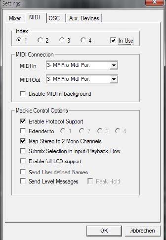 21.8.2 MIDI Page The MIDI page has four independent settings for up to four MIDI remote controls, using CC commands or the Mackie Control protocol.