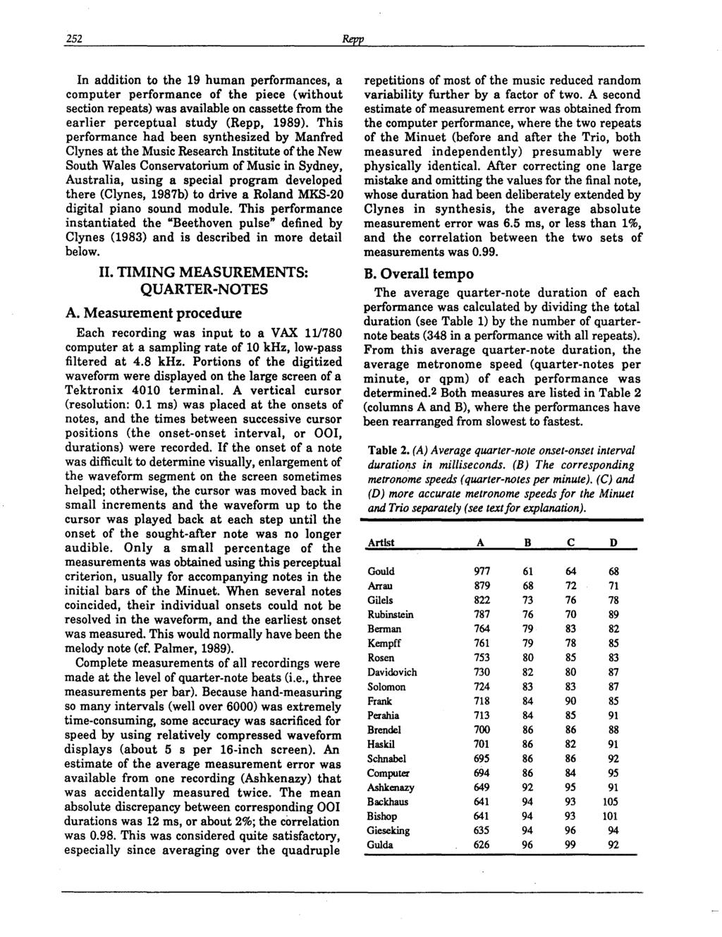 252 Repp In addition to the 19 human performances, a computer performance of the piece (without section repeats) was available on cassette from the earlier perceptual study (Repp, 1989).