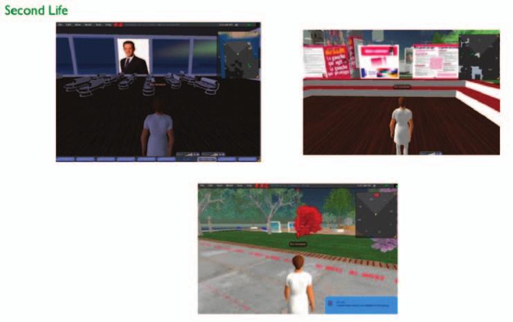 5.7. Second Life A plataforma Second Life é un mundo virtual no que cada persoa pode crear un avatar e, a partir dunha moeda deste mundo, os Linden, comprar terras, abrir tendas, facer casas, comprar