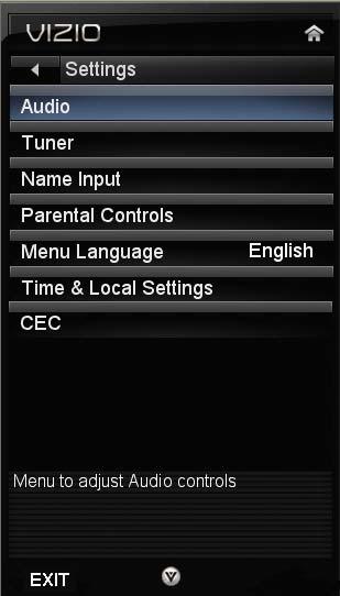 Settings Menu Adjust various option including audio settings, tuner settings (e.g. channel scan), Parental Controls, and Date and Time.