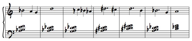 Example 41 After I determined what type of sounds I wanted to accompany the melody, I began to realize which modes were being outlined and assigned
