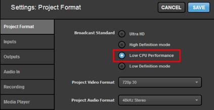 Configure your project format First, under Settings: Project Format, you should select Low CPU Performance.