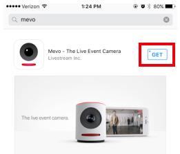 Once you are on the home screen, navigate to the App Store, tap the Search icon, and type in Mevo. The first result should be the official Mevo app. Tap Get to download it.