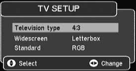 6.2 TV Setup The TV setup menu will have the following options: TV Setup Menu The options are: Television type: Widescreen: Standard: Selects the type of TV screen that the set-top-box is connected