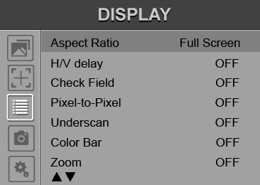 c. Display ITEMS OPTIONS Aspect Ratio Full Screen, 16:9, 4:3, 1.85:1, 2.