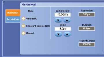 You can adjust the sample rate at any time, either by using the Resolution knob on the front panel or directly in the Horizontal control window.