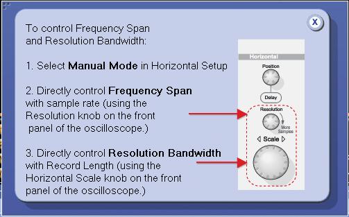 When the horizontal timebase is in manual mode, and when the FFT is using the full frequency span offered by the acquiring sample rate (which is the case in Basic Spectral or in Advanced Spectral