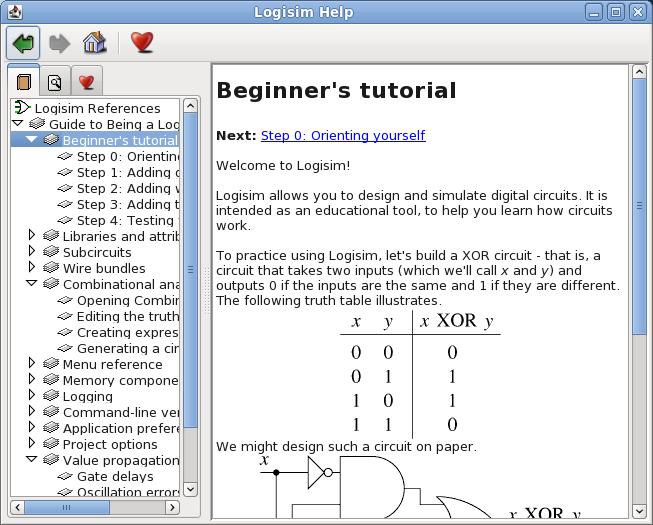 You will now get screen with the tutoril. It egins like this: TODO: Follow nd complete Steps 0 to 4 of the Logisim Tutoril. completed n XOR circuit.