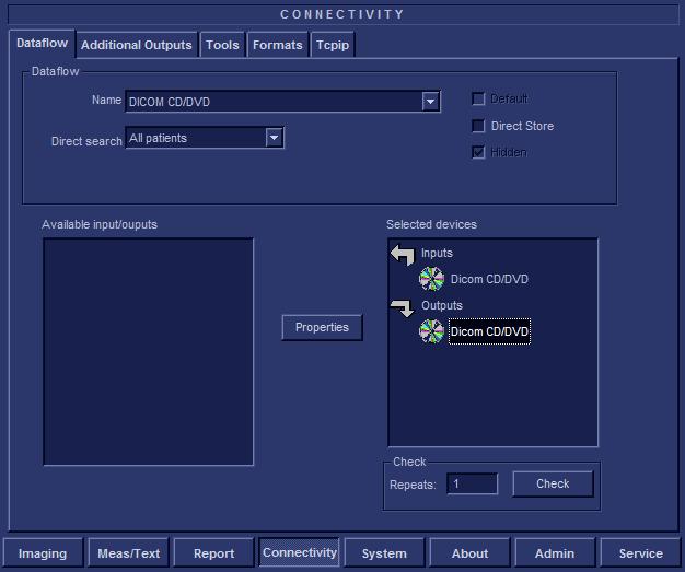 Fig. 1-1 - Select DICOM CD/DVD 5. Select DICOM CD/DVD output in the Selected devices pane as shown below 6. Click the "Properties" button.