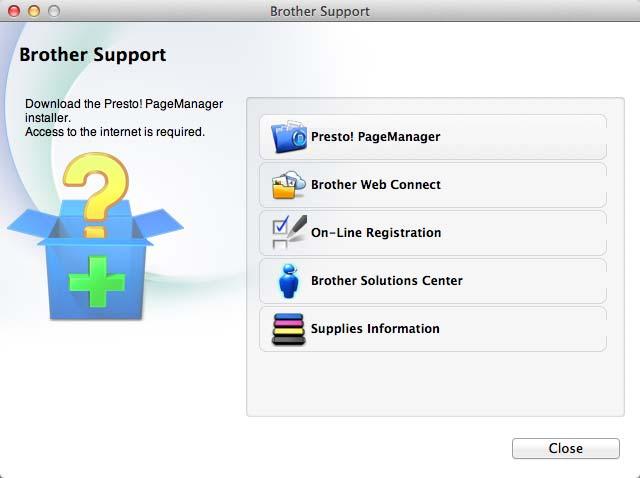 Va fi afişat următorul ecran: Accesarea serviciului de asistenţă clienţi Brother (Macintosh) 1 Puteţi găsi toate contactele necesare, cum ar fi asistenţa web (Brother Solutions Center), pe discul