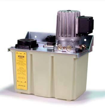 The basic setup includes a gear pump unit with motor, a 3- or 6-liter lubricant reservoir optionally of metal or plastic or a 15-liter metal reservoir and float