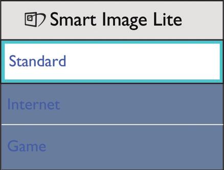 There are 3 modes to be selected: Standard, Internet, and Game. 3.2 SmartContrast What is it? Standard: Enhances text and dampens brightness to increase readability and reduce eye strain.