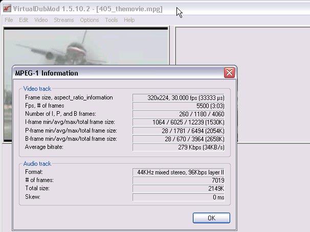 Video/audio Info from Virtual Dub Program Video 320x224 pixels/frame, 12 bits/pixel 5500 frames => 183.