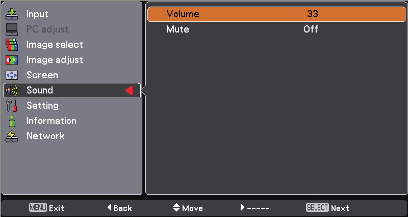 To turn the sound back on, press the MUTE button again to select Off or press the VOLUME +/ buttons. The MUTE function is also effective for the AUDIO OUT jack.