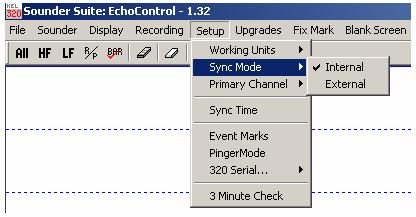 synchronization signal. WARNING: If the Sync Mode is toggled to external sync, the echosounder will not ping unless there is an external sync signal fed to the appropriate signal on the sounder.
