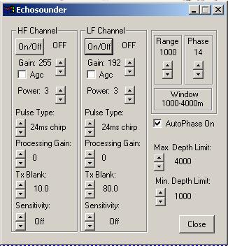 HF/LF Channels The following settings apply to both HF & LF Channels. 1. On/Off: Clicking on one of these buttons will start corresponding frequency of the echosounder.
