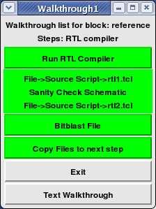 Fig. 4.3. GUI status indicator for the synthesis step. Since each button before the Exit button has been pressed, the steps have had their background changed to green. 4.2 SYNTHESIS The first step in producing a TMR block is synthesis, which takes the VHDL code and converts it into a netlist that uses only the cells present in the cell library.