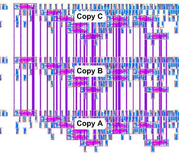 Fig. 4.8. A section of the final layout. Three different copies of the same logic with TRSCMSFFs connecting them together.