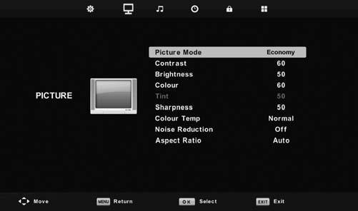 Picture Menu Picture Mode Dynamic - Recommended settings for fast moving pictures Standard - Default settings Mild - Set to be lighter in colour and less bright Personal - Lets you manually alter all