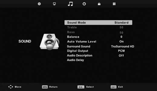 Sound Menu Sound Mode Standard - Default settings Music - Emphasises music over voices Movie - Provides live and full sound for movies Sports - Emphasises sound for sports Personal - Selects your