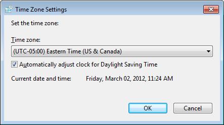 4. On the Time Zone Setting screen, verify that the Automatically adjust clock for daylight saving changes option is selected. Sample Time Zone Settings Screen 5. Click on the OK button to continue.