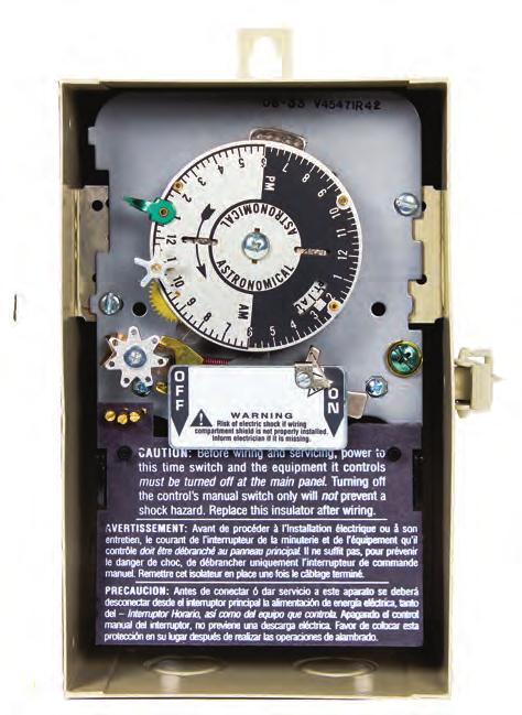 V45000 Series Astronomic Dial Time Switches with Skipper Adjusts for seasonal changes 3PST switch configuration Three Skipper screws furnished Independent clock motor terminals Only one hour required