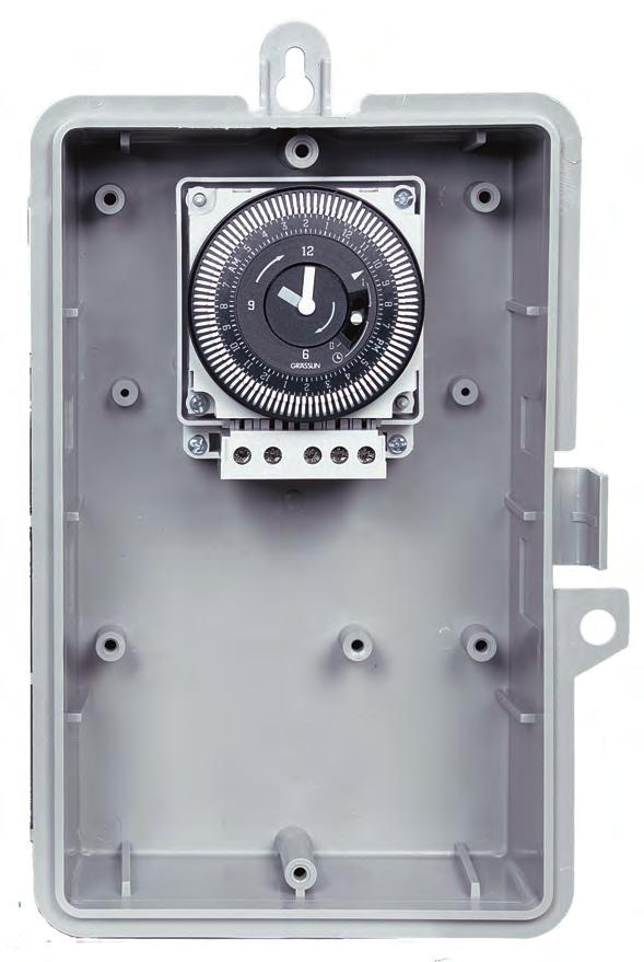 GMX Series 24-Hour/7-Day General Purpose Time Switch Manual override (ON/Auto/OFF) 21 Amp SPDT Switch Captive trippers Easy-to-set true clock face Finger-safe terminals E10694 Extra space in