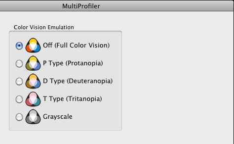 Color Vision panel Dialogs, Settings, and Options 19 The Color Vision panel controls the Color Vision Emulation settings used to emulate several modes of human color vision deficiency, also known as