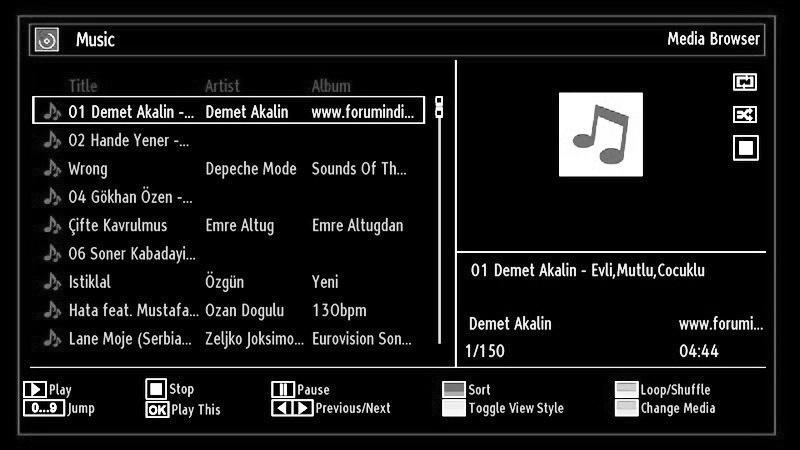 Playing Music via USB When you select Music from the main options, available audio fi les will be fi ltered and listed on this screen. / : Navigate menu Play ( button): Starts the playback.