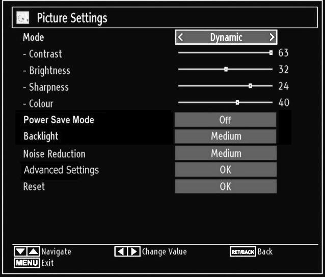 Colour: Sets the colour value, adjusting the colors. Power Save Mode : Use or button to select Power Save Mode. Press or button to set Power Save Mode as On or Off.