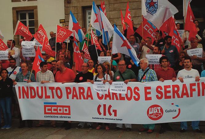 No centro da fotografía superior, Pedro Galeano no acto organizado polas CCOO de Madrid; na imaxe inferior, unha das numerosas mobilizacións convocadas en Vigo a prol do indulto de serafín rodríguez