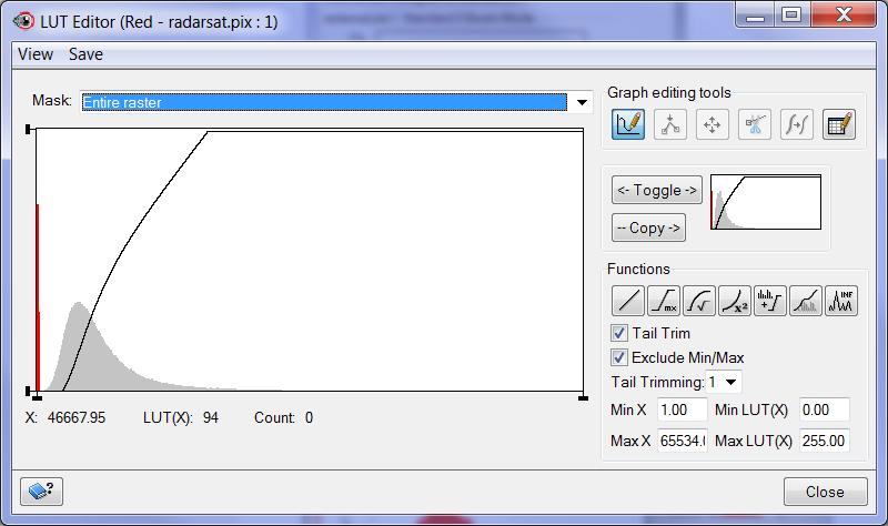 pix layer and click Enhance and then click Edit LUTs. The Histogram Display window opens. Figure 2. Histogram Display Window 2. In the Histogram Display window, click the histogram.