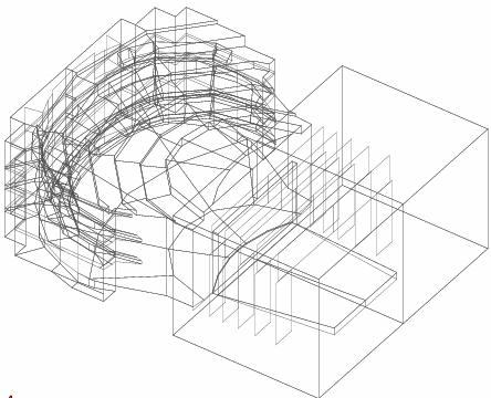Figure 4: Epidaure geometrical model for the Chinese Theatre with stage including a few typical stage sets The main source (omni-directional) was set onstage one