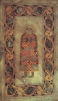 The Book of Durrow It is the earliest fully designed and ornamented Celtic book. The man, symbol of Matthew 7th Century A.D. The pages are made of a fine animal skin called vellum.