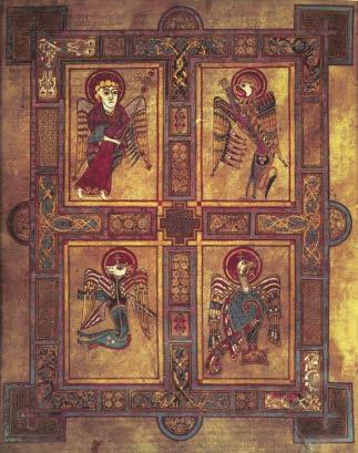 Book of Kells Matthew s man, Mark s lion, Luke s ox, and John s eagle float in four rectangles wrapped in a densely