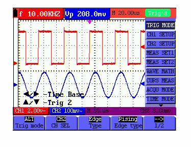 6-Using the Oscilloscope 7. Press (yellow) or (yellow) to adjust time base horizontal position and press (yellow) or (yellow) to adjust trigger horizontal position in Channel 2. 8.