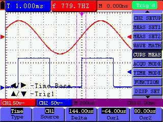 8-Advanced Function of Oscilloscope match T1 to point position in panel; press (yellow) or (yellow) and see T2 move left and right and LCD display the time value match T2 to point position in panel.