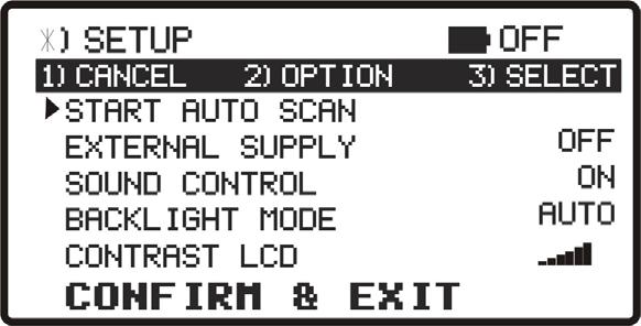 3.2 Setup menu To access the setup menu, from the DETECT screen, press and hold the key [1] for 2 s approximately until appears the setup screen (Fig. 10). Figure 10. Setup Menu.