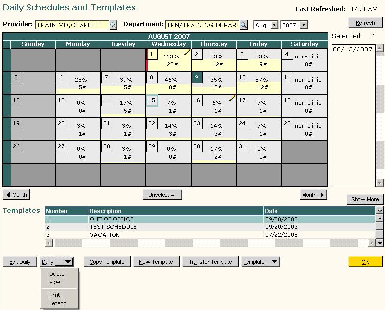 Actions from Example: Daily Schedule Template Screen Note: You must have proper IDX security to a daily schedule. The Scheduling Coordinator for each department has access.
