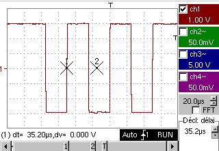 Oscilloscope Mode (cont'd) Oscilloscope Mode - The "Trigger" Menu Example Signal injected on CH1: a train of three 6 VDC pulses at a frequency of 20 khz separated by 500 µs.