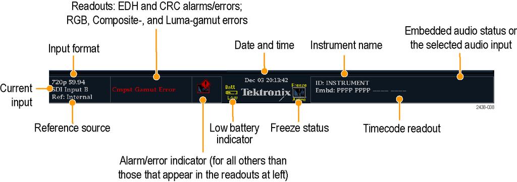 Getting Acquainted With Your Instrument To Determine Status At-a-Glance The Status Bar, located at the bottom of the instrument display, shows the instrument status and the monitored signal