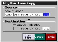 When the Source or Destination drum key number is selected (highlighted in blue), a different drum key can be chosen by playing it on the keyboard or by turning the VALUE dial.
